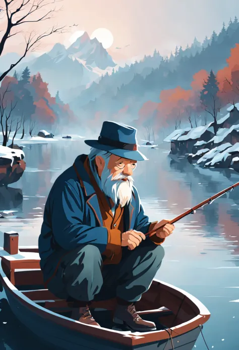 embroidery, a old man fishing on the boat, winter, flat vector art, intricate, (best quality, masterpiece, Representative work, ...