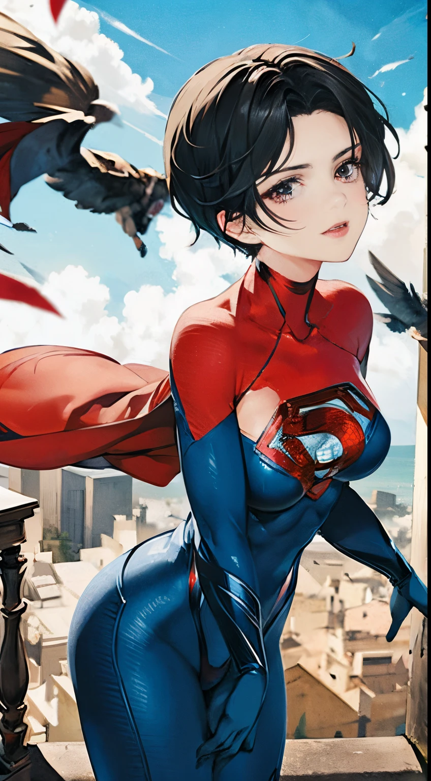 Anime mulher com corpo SUPERGIRL perfeito, Cabelo curto azul, olhos vermelhos iluminados, lábios vermelhos, seios pequenos perfeitos, voando entre nuvens no ambiente ártico, corpo perfeito, sorriso sexy, Supergirl