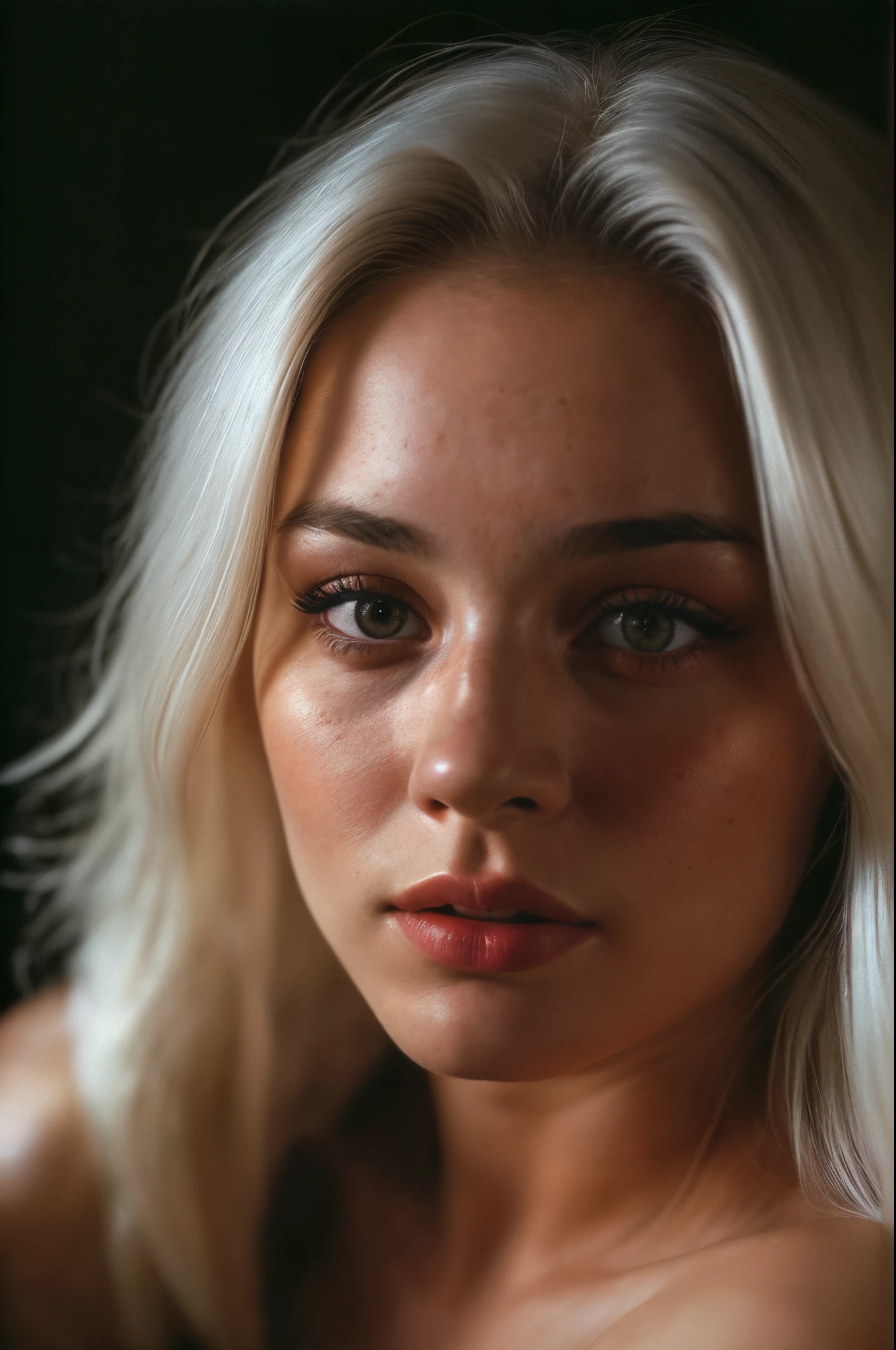 (close-up, editorial photograph of a 21 year old woman), (highly detailed face:1.4) (smile:0.7) (background inside dark, moody, private study:1.OV, by lee jeffries, white hair, nikon d850, film stock photograph ,4 kodak portra 400 ,camera f1.6 lens ,rich colors ,hyper realistic ,lifelike texture, dramatic lighting , cinestill 800,