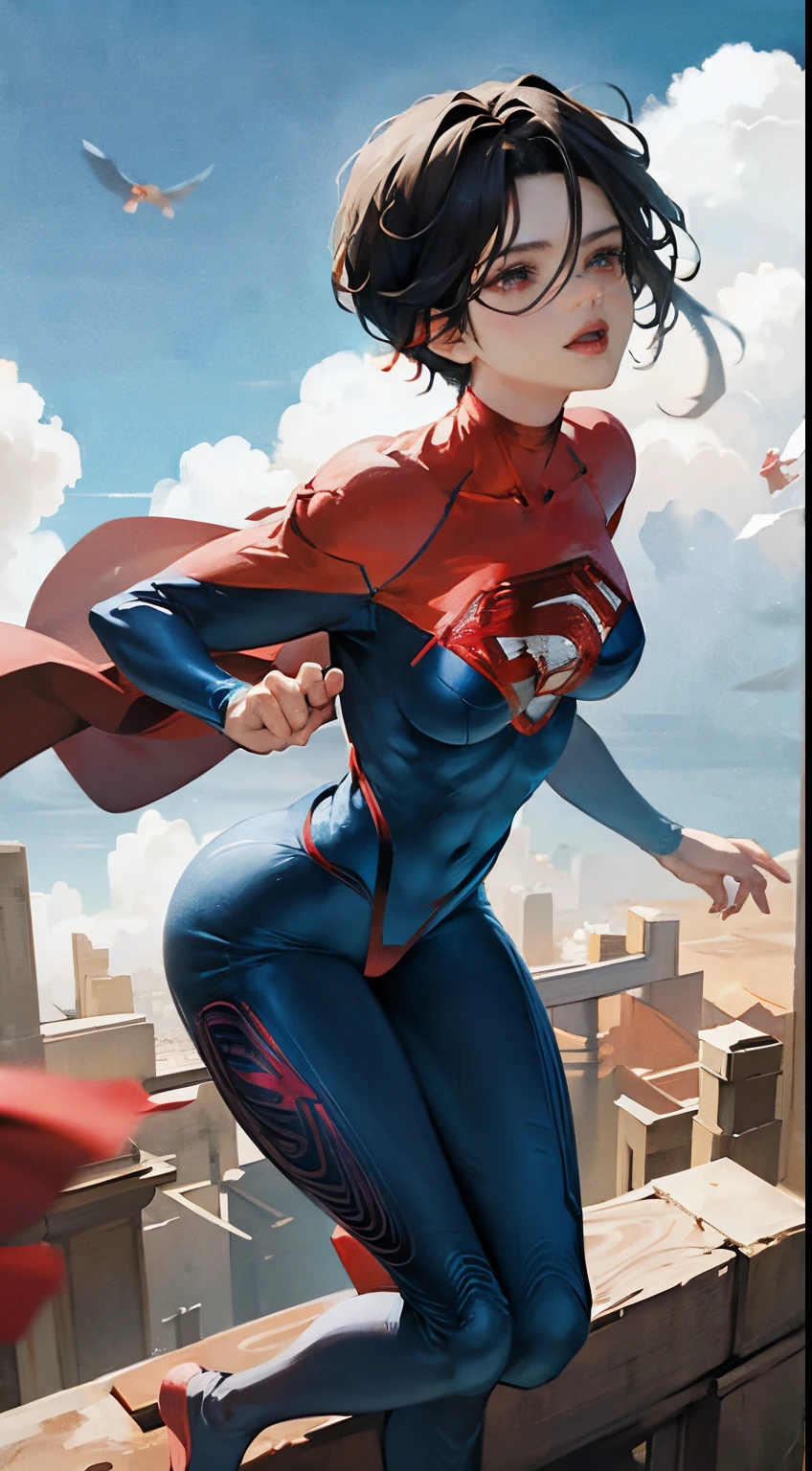 Anime perfekte SUPERGIRL Körper Frau, blaue kurze Haare, leuchtend rote Augen, rote Lippen, perfekte kleine Brüste, Fliegen zwischen Wolken in der arktischen Umgebung, perfekter Körper, sexy Lächeln, Super-Mädchen