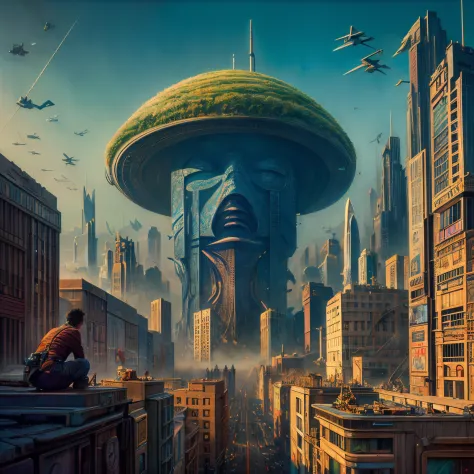 There is a painting of a futuristic city with a giant robot head, non-human face, Peter Gric and Dan Mumford, Beksiński and James Jean, Michael Whelan and Pixar, Justin Gerard and Greg Rutkowski, Style by Daniel Merriam, Andreas Rocha and John Howe , weta ...