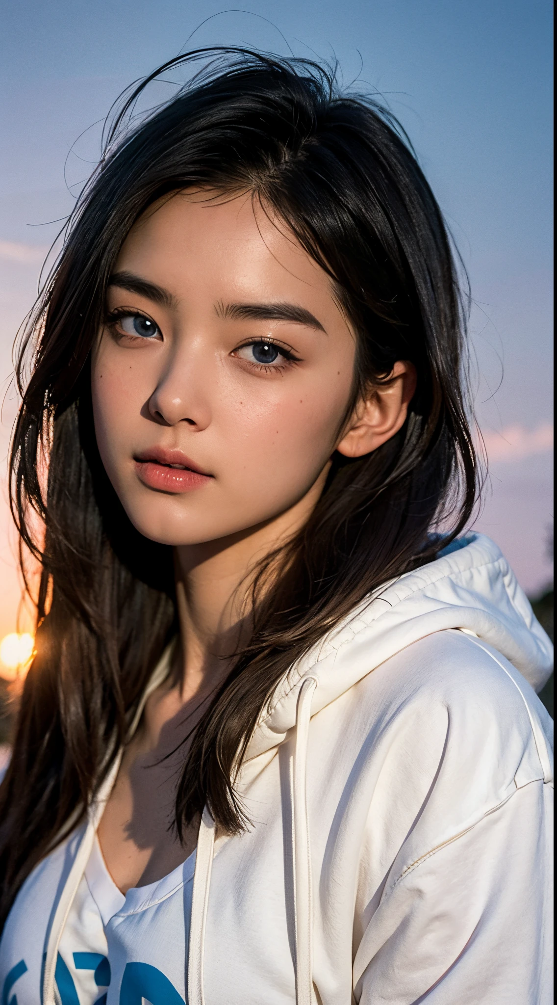 (realisticlying, tmasterpiece, 8K high-definition, Good lighting quality, sportrait, close on face, Complicated details), a beautiful young korean girl, 15year old, cute big breasts, Longing gaze, Detailed face, Detailed eyes, Look at the sky, Wearing a hoodie over a shirt, during, eBlue eyes, (pale-skinned), Slim figure, brunette color hair, slick hair, Hair bangs, Hair is longer, Outdoor activities, evening, the sunset, dreamworld, hyper realisitc, Ethereal