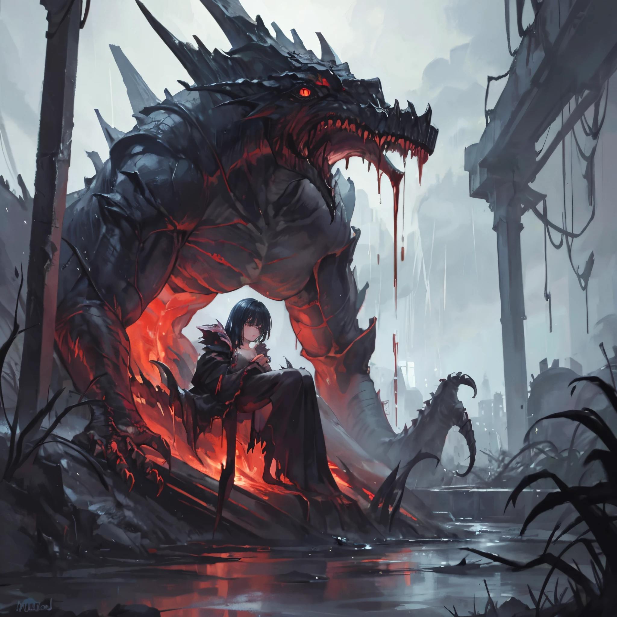 A man sitting in front of a giant dragon with a fire - SeaArt AI