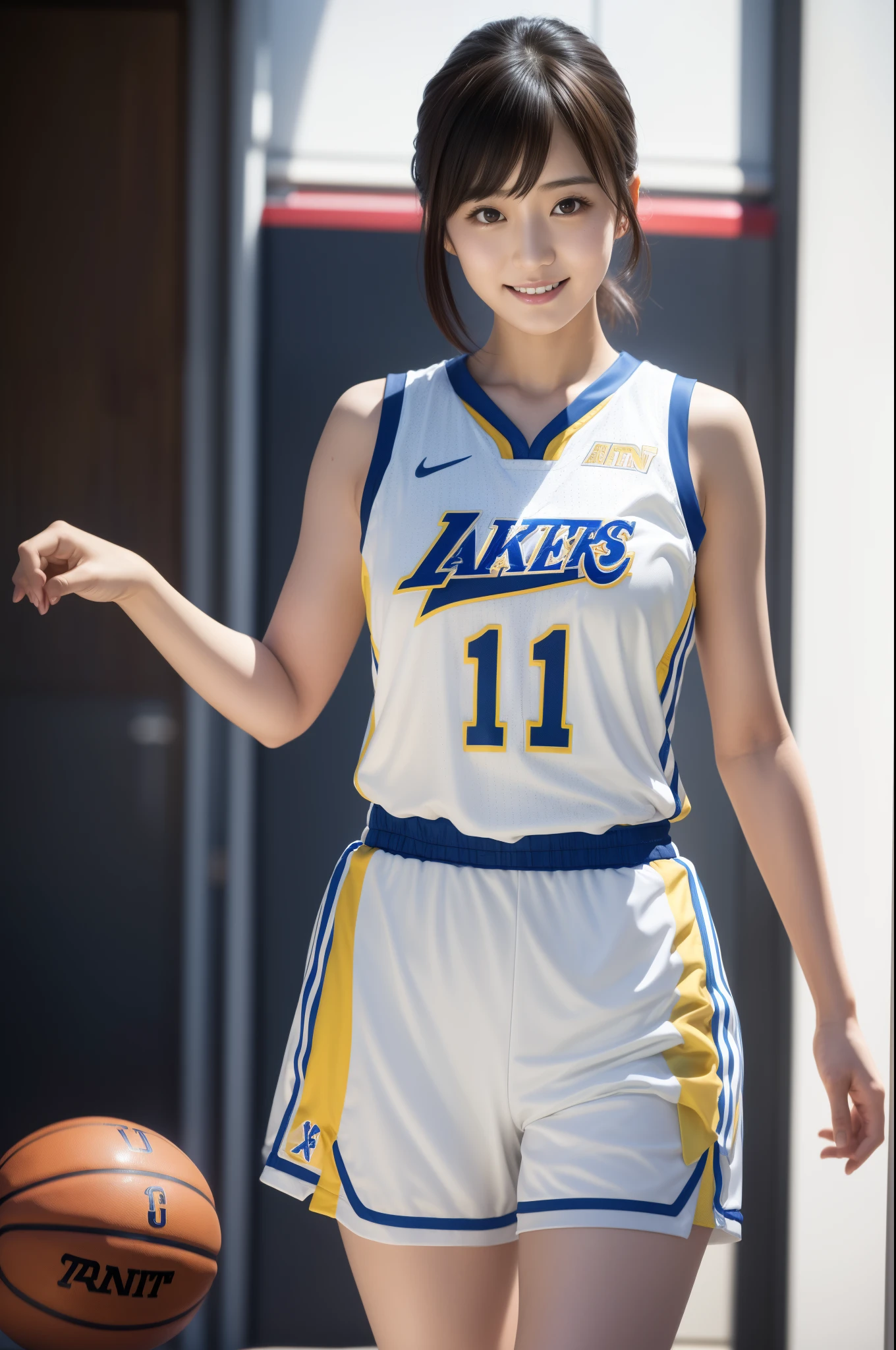 A close up of a woman in a basketball uniform holding a basketball SeaArt  AI