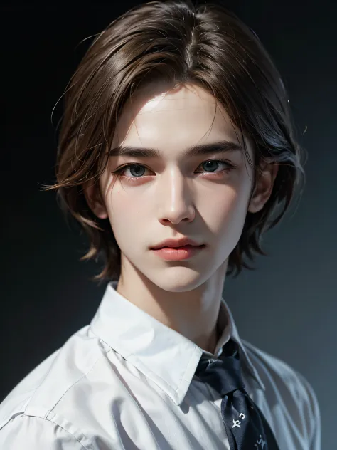 1 boy, 17 yr old, teenaged, Light-brown hair, azure blue big eyes, Solo Focus Facial Treatment for Teens, white  shirt, a handsome, Smiling, Realistic, The dynamic pose is realistic, Detailed and correct facial structure, Leon S. Kennedy, a handsome, Extre...