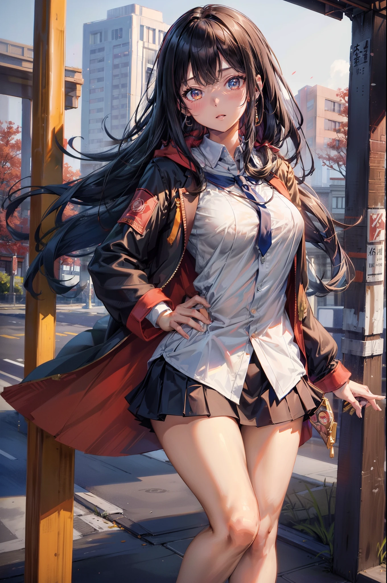 1个Giant Breast Girl,Lower bust，ssmile，(The shirt:1.5),(Wear a miniskirt:1.2),(legs long:1.3),(evening，Bus stop，​​Caiyun)，Long black hair，fur trim hooded long coat，Mall，hyper HD, ray traycing, reflective light， structurally correct, Award-Awarded, 电影灯光, tmasterpiece, super detailing, high high quality, high detal, Best quality at best,