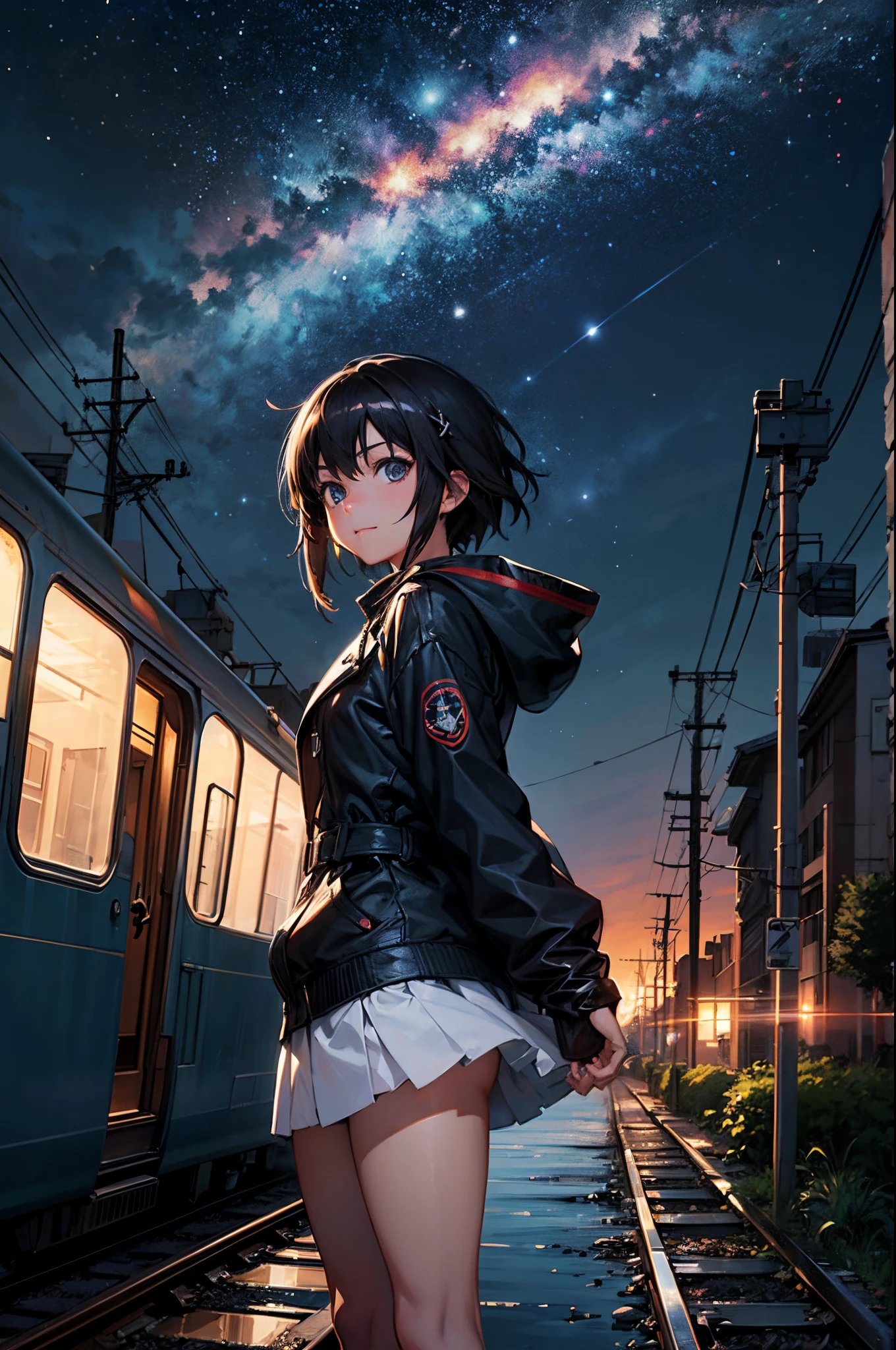 high high quality， tmasterpiece ，1 girl,ssmile,(Wearing mini skirt:1.2),cabelos preto e longo hooded long coat with trim，scenecy，Train passes through body of water on railroad tracks， Sparkling starry sky。Romantic train，pixiv，concept-art，Lopfe art style， lofi art, beautiful anime scenes, Anime landscapes, Detailed view – width 672, Makoto Shinkai's style, Makoto Shinkai's style，Detail Enhancement。