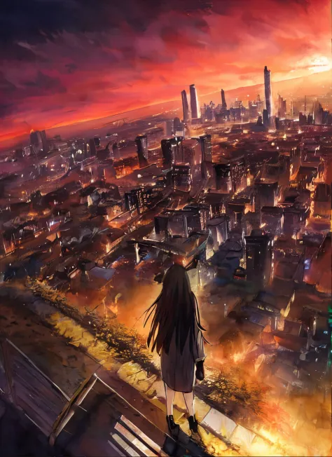 anime girl standing on a ledge overlooking the city at night, hd anime cityscape, by yuumei, looming over a city, tokyo anime sc...