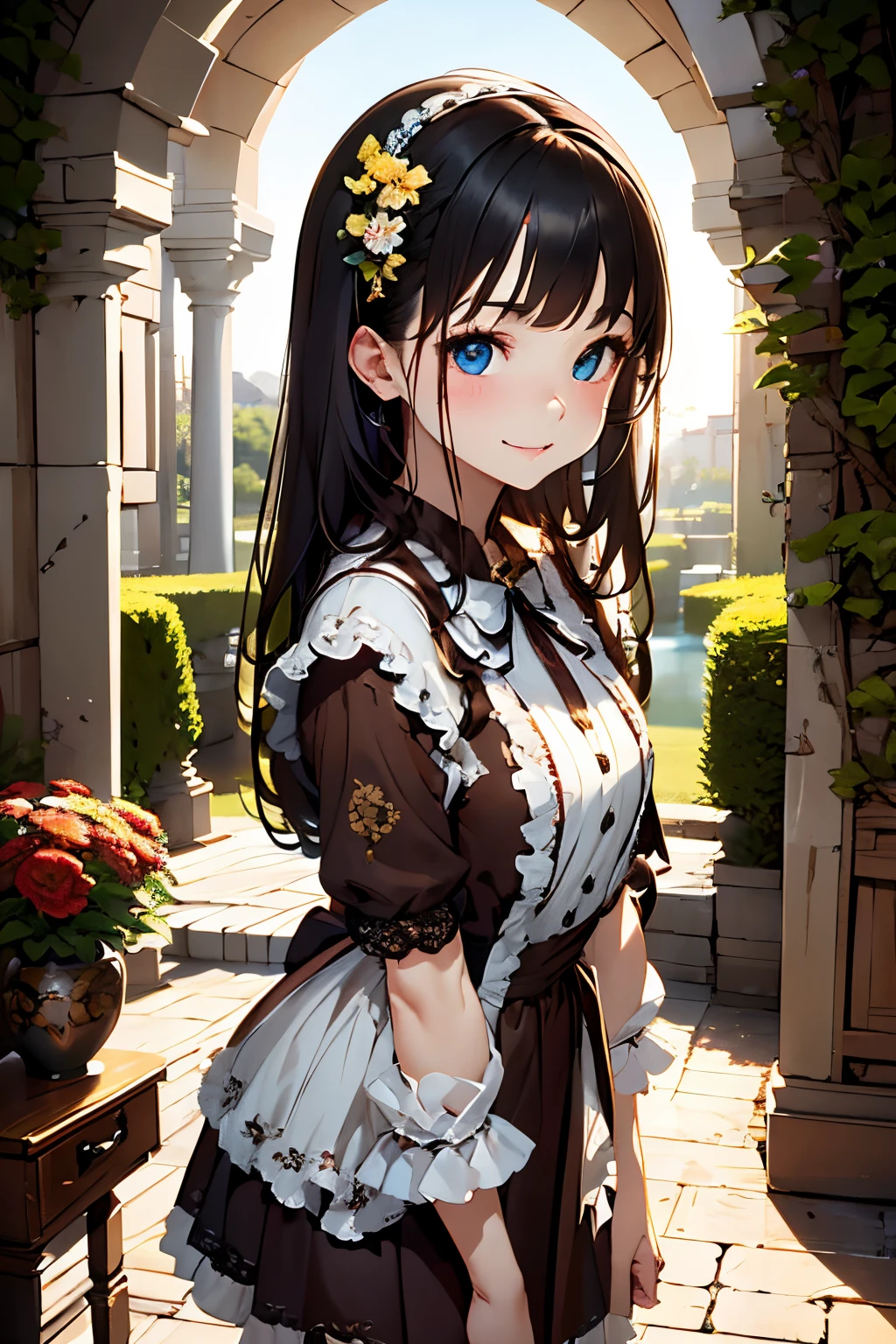 Very cute and beautiful girl,(very detailed beautiful face and eyes:1.2),
Smile,Black hair,stylish pose,Beautiful legs,Cowboy Shot,
Brown floral Lolita dress with detailed ruffles,
Palace Gate,shrubbery,Small flowers,The highest quality wood from afar,masutepiece:1.2),Intricate details,Extremely detailed,hight resolution,1 girl,Solo,Cinematic lighting,(Realistic),