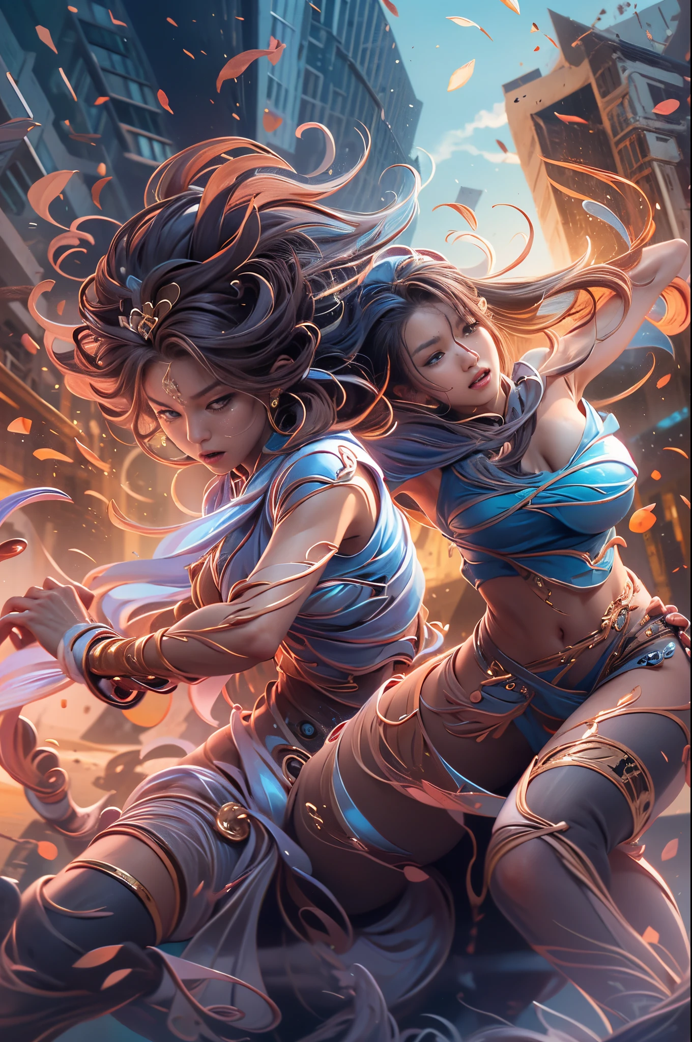 Generate images depicting dynamic battle scenes with impactful speed lines. Illustration of girls full of fighting spirit clashing violently, Incorporate lines with a sense of speed、. Include elements such as the hustle and bustle of the city in the background, Smoke, Creates a vibrant atmosphere with blue light reflections. We create videos that capture energetic and powerful moments..