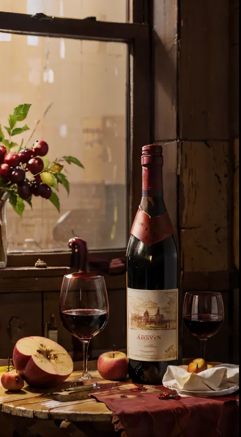 There is a red wine bottle on the table、Apples and peaches, Napkins and wine glasses,  Window lighting , Background curtains, Still life impasto painting , deep dark background,wine label on white, The name of the wine is "Arevi"