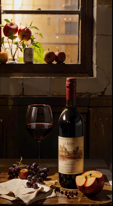 There is a red wine bottle on the table、Apples and peaches, Napkins and wine glasses,  Window lighting , Background curtains, Still life impasto painting , deep dark background,wine label on white, The name of the wine is "Arevi"