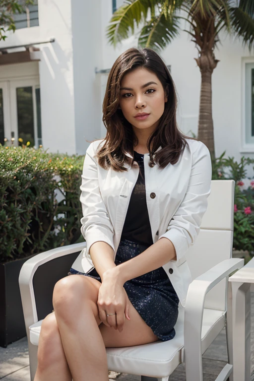 a woman sitting on a chair holding a purse, inspired by Gina Pellón, white jacket, professional product photo, miranda cosgrove, backlite