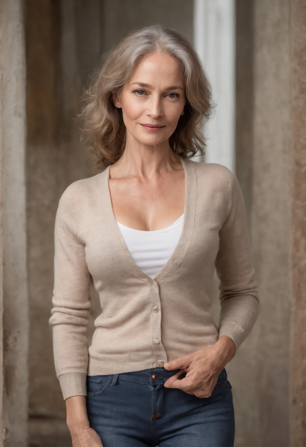 1woman, 5, 3/4 length thighs to head actor promo portrait photo, very long ass-length curly white hair, a middle aged Charlotte Rampling lookalike, lots of visible wrinkles, crows feet, liver spots, she has an aging freckled chest and , aging wrinkled but delicate hands, long delicate fingers, medium sized slightly saggy 36C breasts, Regarder camera, mysterious hint of a smile, intense blue eyes, Joaillerie, corps entier entier, Collier, Schulterfrei, chandail, minora, Realstic, nez, Rue de nuit, sexy, tight cardigan sweater worn without t-shirt or bra, her erect nipples are clearly seen through the cardigan sweater, faded distressed hiphuggers skinny jeans, showing exposed very freckled aged abdomen, aging navel and wrinkly groin, aged geriatric wrinkly, liver spotted and slightly flabby abdomen, navel and groin, f/5.6, a bright industrial converted factory space photo studio is very out of focus in the distant background with a dramatic 2-spot-lights-pointing downward light and shadow effects on the walls and floor, with old factory leaded glass windows visible and out of focus in the background,