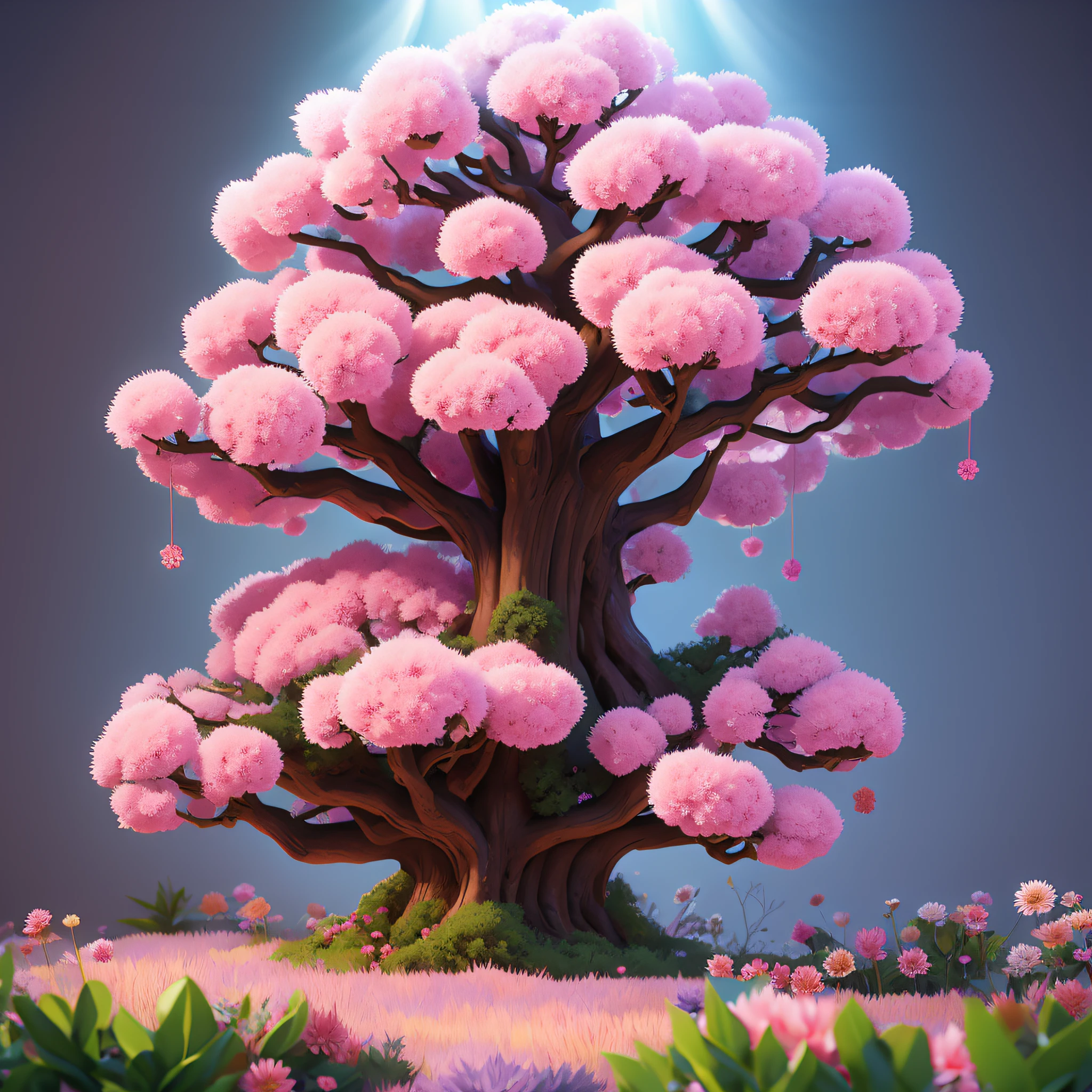 大きな木がピンクと紫の花を咲かせ、胸が美しい