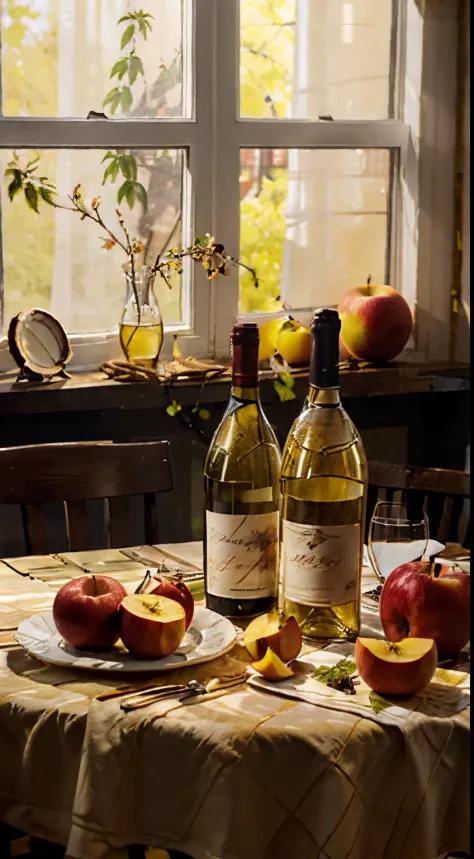 There is a bottle of white wine on the table、Apples and peaches, Napkins and wine glasses,  Window lighting , Background curtains, Still life impasto painting , Deep dark background, white wine label,