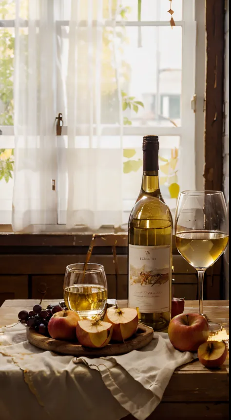 There is a bottle of white wine on the table、Apples and peaches, Napkins and wine glasses,  Window lighting , Background curtains, Still life impasto painting , Deep dark background, white wine label,