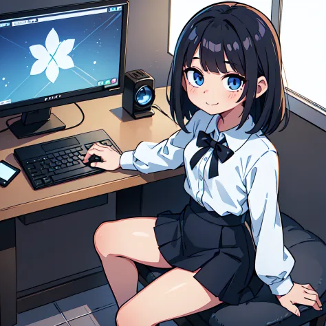 (ultra bright color, masterpiece, best quality, bloom, warm soft light, modern, hi-tech), 1girl, solo, sitting at the computer, ...