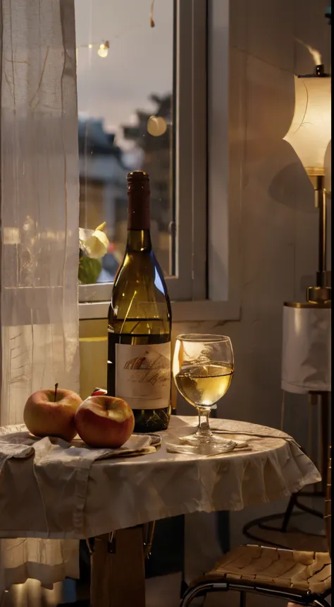 Close-up of the scene，scene capture，photore，tmasterpiece，There is a bottle of white wine on the table、Apples and peaches, Napkins and wine glasses, Window lighting , Background curtains, Still life impasto painting , Deep dark background, white wine label,...
