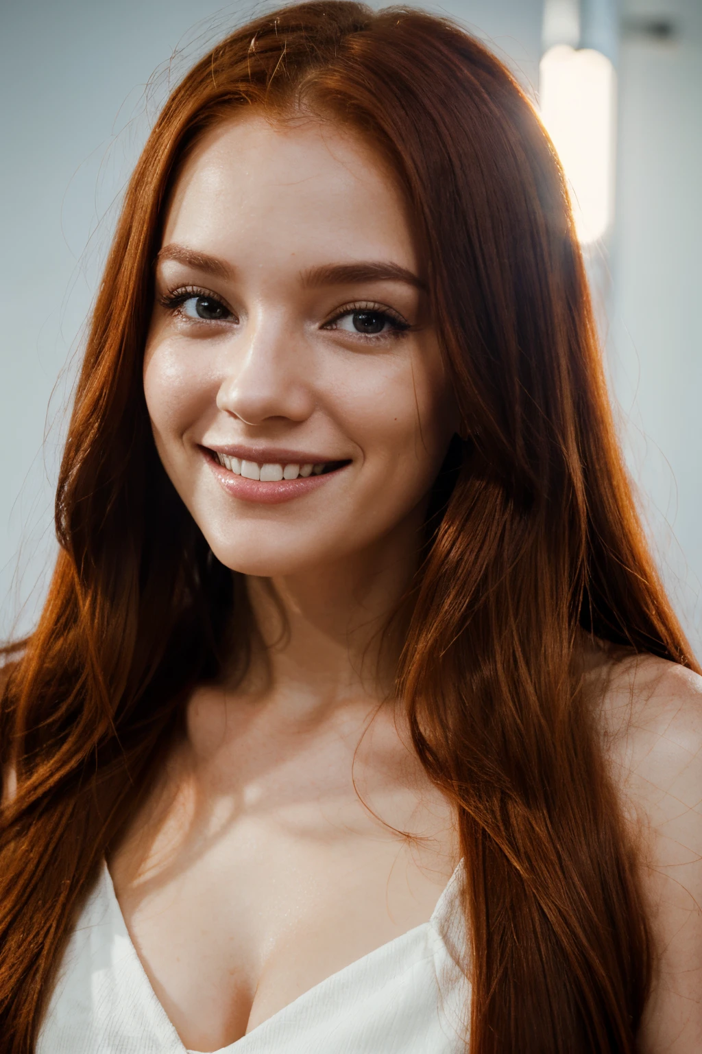 A close up of a woman with long red hair smiling - SeaArt AI