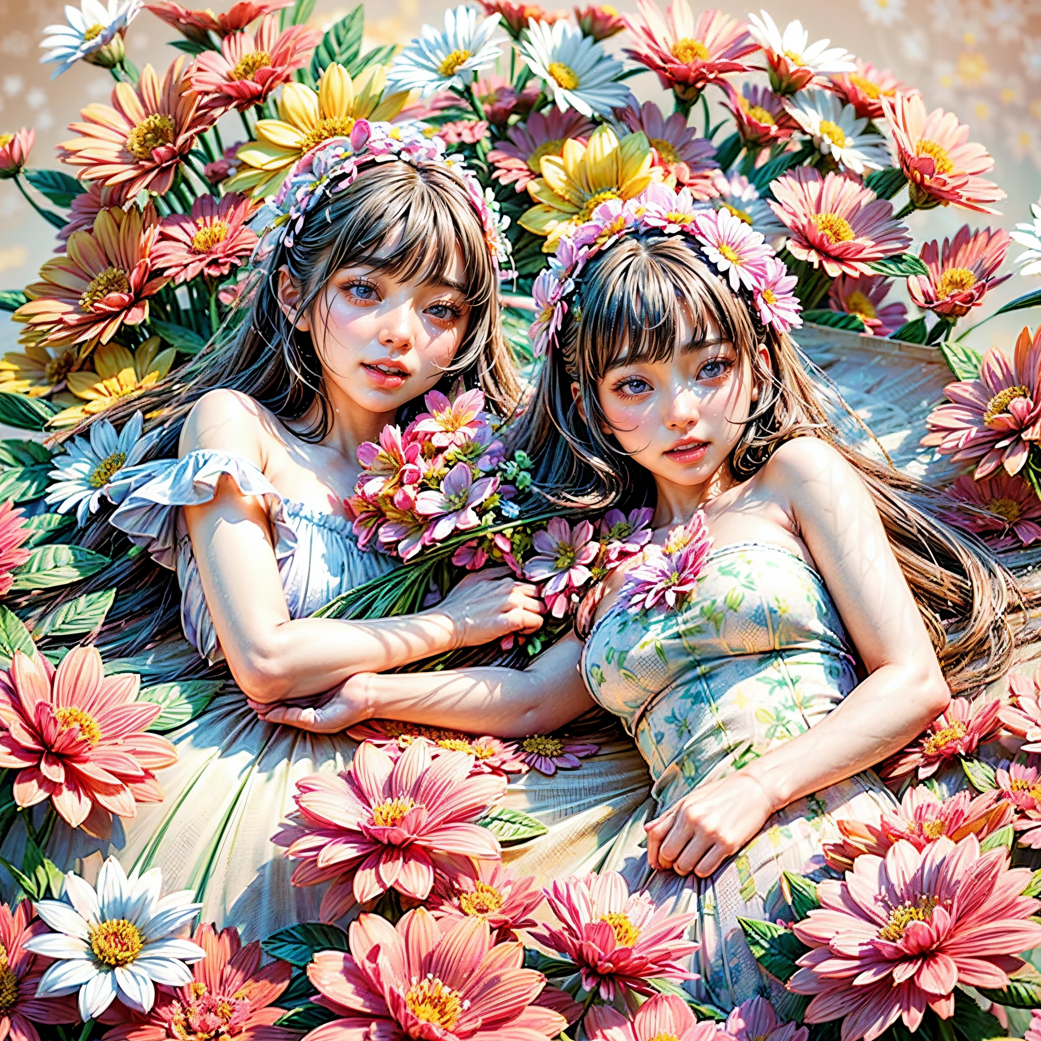 (((Filles KAWAII portant sur des fleurs, Fond de fleurs, art conceptuel))), ((SFW)), (mamelon:-0.9), (Acuité:0.8), (variations de visage KAWAII extrêmement détaillées), ( 8K de la meilleure qualité, ultra-détaillé), ( Réaliste, (Hyper-réalisme:1.37)), un extrêmement délicat et beau, (( corps de fille couvert de nombreuses fleurs)), (( Pas de membres supplémentaires )) . Plein de fleurs, Rempli de fleurs, Fleurs débordantes .