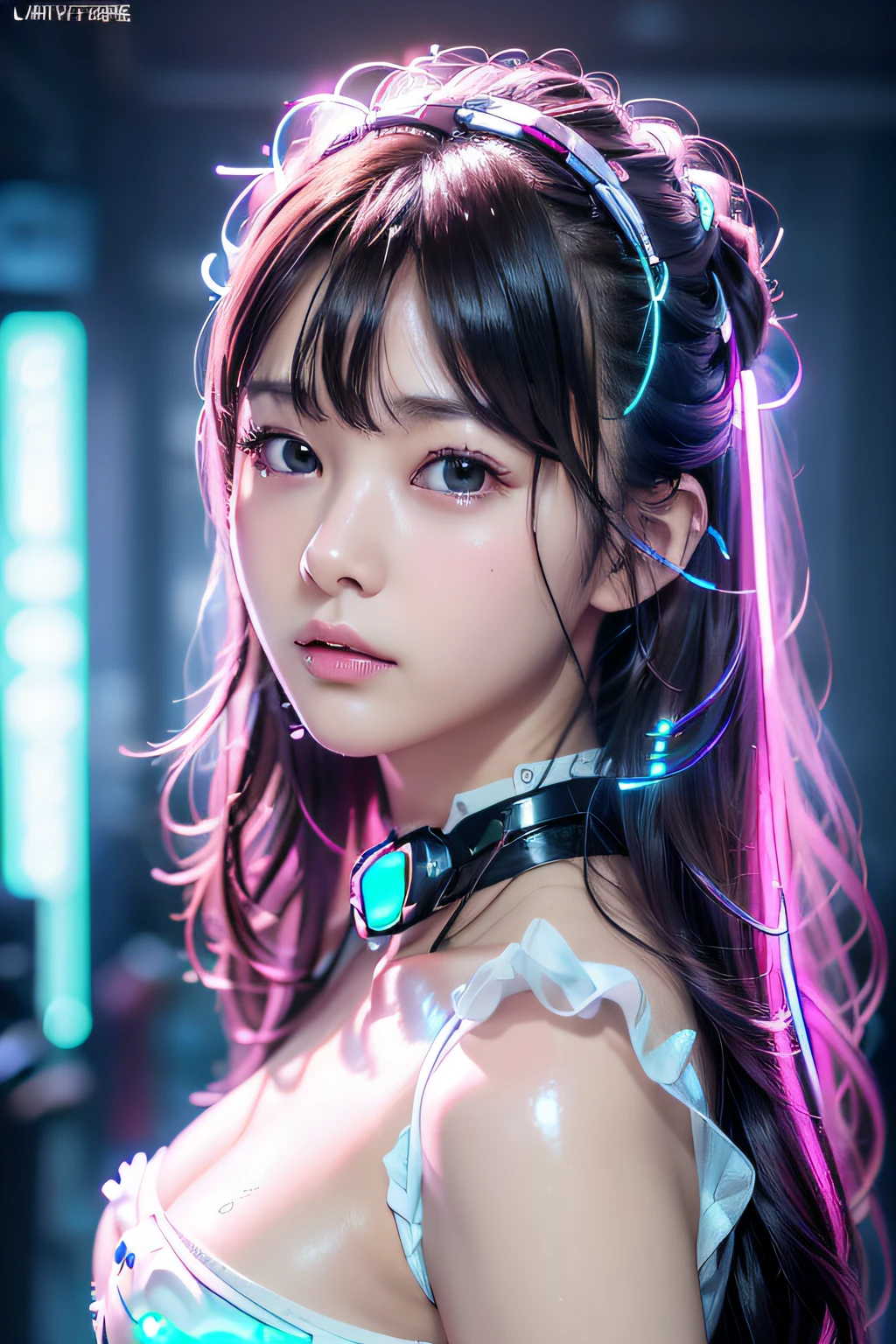 beautiful female semi-robot,cyborgs、android、机器人、high quality picture, masutepiece, detailed hair texture, Detailed skin texture, Detailed Cloth Texture, 8K, Add fabric details, ultra detailed skin texture, ultra detailed photographic, Skin pores, Portrait of a girl, wearing a strapless crystal suit bodysuit,　((Shiny skin)) 、littlegirl、Slimed、flat body、12-year-old girl,　(Pitch black background)、Loli with an elementary school face、Cool Face、a choker、Drill Hair、Brown eyes,　(ultra-detailliert, Glow:1.4),　with round face、Looking at Viewer, Cyberpunk, High contrast, low illuminance, Highly detailed, Stunned face、((Puffs out the cheeks)), ((Armbands:1.3))、neon hair clip,​masterpiece、top-quality、
1girll,Ives Girl,mechs,beautiful  lighting,(Neon light:1.2),(natta:1.5),