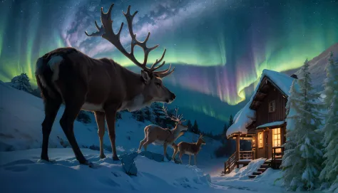 fantastic fantasy art,brown reindeer in the foreground,There are several reindeer at the halfway point,２story log cabin,log cabin,Beautiful aurora borealis in jade color, Mysteriously shining aurora borealis,mountains rising in the background々々々々々々々々々々々々々々...