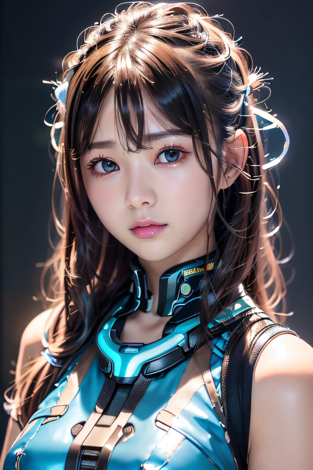 beautiful female semi-robot,cyborgs、android、机器人、high quality picture, masutepiece, detailed hair texture, Detailed skin texture, Detailed Cloth Texture, 8K, Add fabric details, ultra detailed skin texture, ultra detailed photographic, Skin pores, Portrait of a girl, wearing a metal suit bodysuit,　((Shiny skin)) 、littlegirl、Slimed、flat body、12-year-old girl,　(Pitch black background)、Loli with an elementary school face、Cool Face、a choker、Drill Hair、Brown eyes,　(ultra-detailliert, Glow:1.4),　with round face、Looking at Viewer, Cyberpunk, High contrast, low illuminance, Highly detailed, Stunned face、((Puffs out the cheeks)), ((Armbands:1.3))、neon hair clip,​masterpiece、top-quality、
1girll,Ives Girl,mechs,beautiful  lighting,(Neon light:1.2),(natta:1.5),