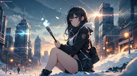 top-quality、Top image quality、​masterpiece、Teenage girl((Black Duffel Coat、Black Sports Bra、black trousers、holding a torch、18year old、 Ager、Best Bust、big bast,Beautiful light blue eyes, Long Black Hair、A slender,Large valleys、Reflecting the whole body、Sit ...