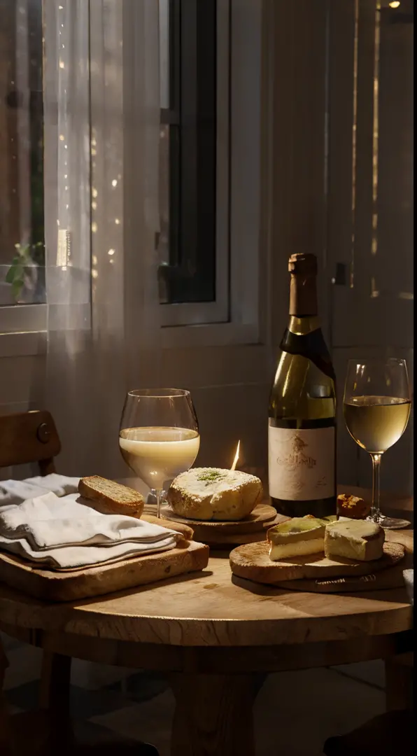 Close-up of the scene，scene capture，photore，tmasterpiece，There is a bottle of white wine on the table、bread and cheese, Napkins and goblets, Window lighting , Background curtains, Still life impasto painting , Deep dark background, white wine label, festiv...