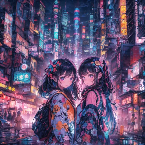 Create an image of floating twin cyberpunk-style girls symmetrically posed in a bustling neon-lit city at night. Each girl is ad...