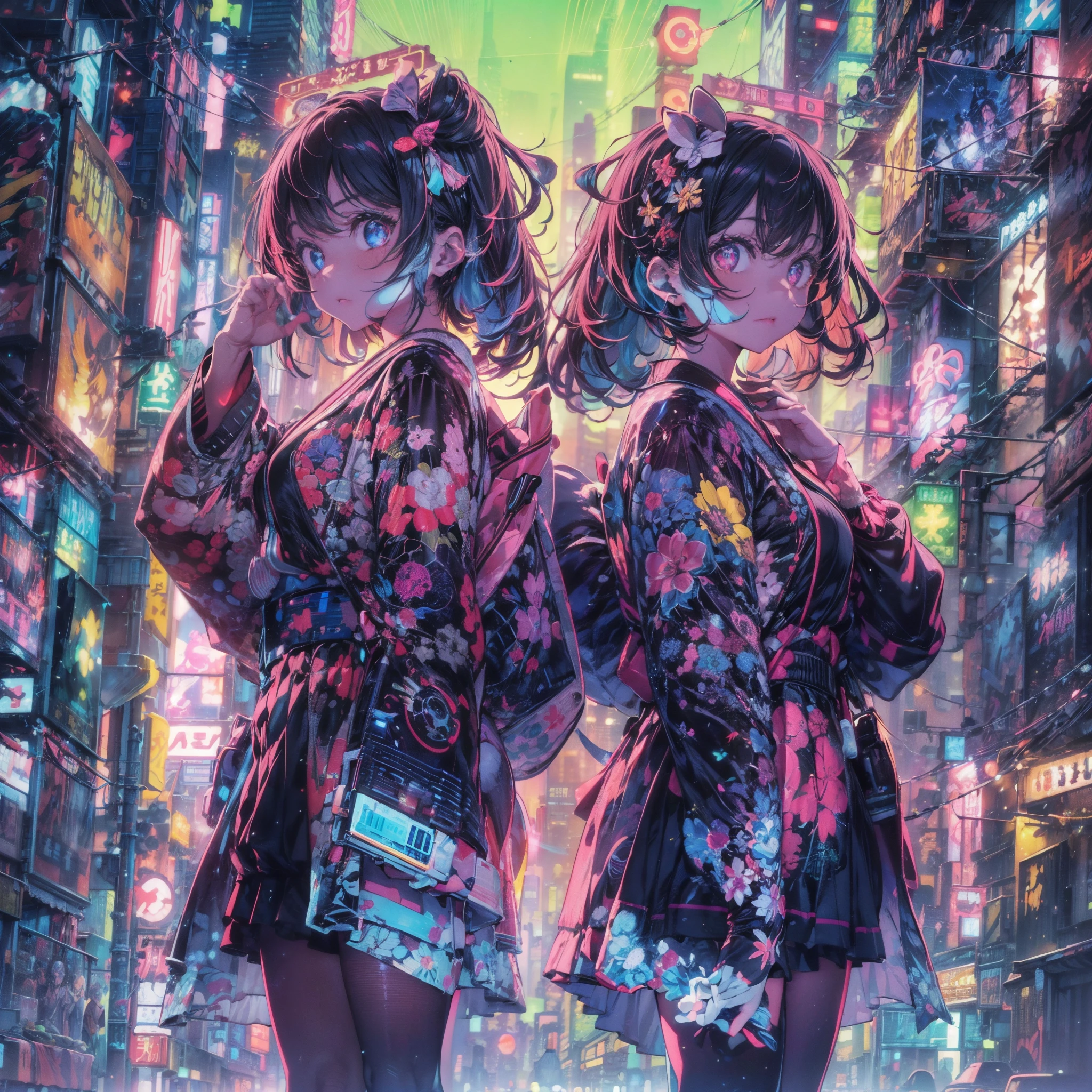 Create an image of floating twin cyberpunk-style girls symmetrically posed in a bustling neon-lit city at night. Each girl is adorned with a modernized kimono, featuring bright neon patterns that reflect the city lights. They are equipped with holographic wings and glowing halos above their heads, symbolizing their ethereal nature. The girls are mirror images of one another, with their unique style and accessories, including high-tech sneakers and digital ornaments. The cityscape in the background is a blur of neon signs, holographic projections, and towering skyscrapers. The foreground is reflective, casting back the scene's vibrant lights. The overall atmosphere is one of a high-energy, cybernetic fantasy world.