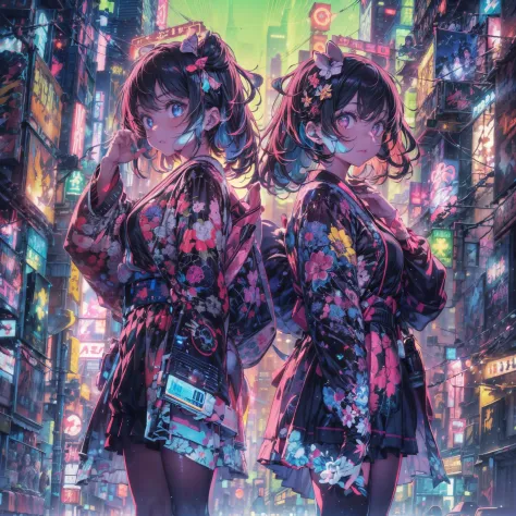 Create an image of floating twin cyberpunk-style girls symmetrically posed in a bustling neon-lit city at night. Each girl is ad...