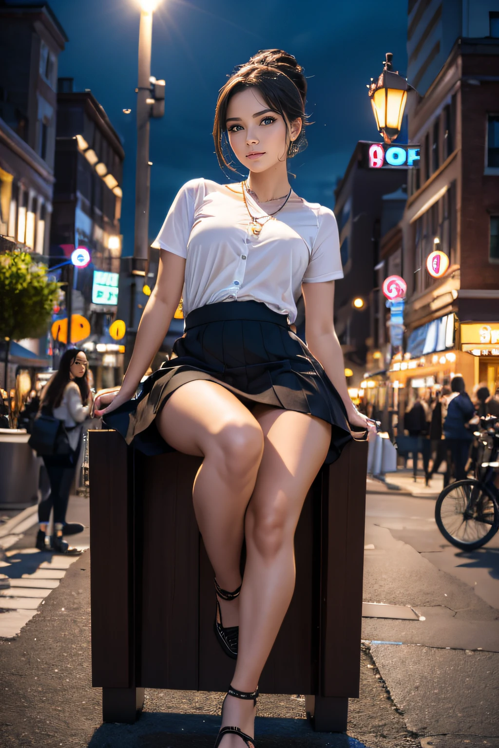 high-definition images, atmospheric perspective, 8k, super detail, accurate, best quality, ((angle from below)), a woman, ((round face), (drooping eyes)), blush, in the city, busy, clothes that emphasize body line, skirt, necklace, takes a seat, open legs, climbing on the top of backrest of the chair to hit the front of crotch, (other customers), night scene, foods, hair up,