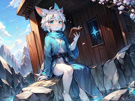 A white rabbit，Long blue scarf，long blue robes，A rock，Blue scarf，Clear blue sky，Long rabbit ear hair，long sleeves shirt，shota，white color hair，Fluttering petals，k hd，The face is clear，quill，snowflower，parchment，Lamei，Holding plum blossom branch in hand，boo...