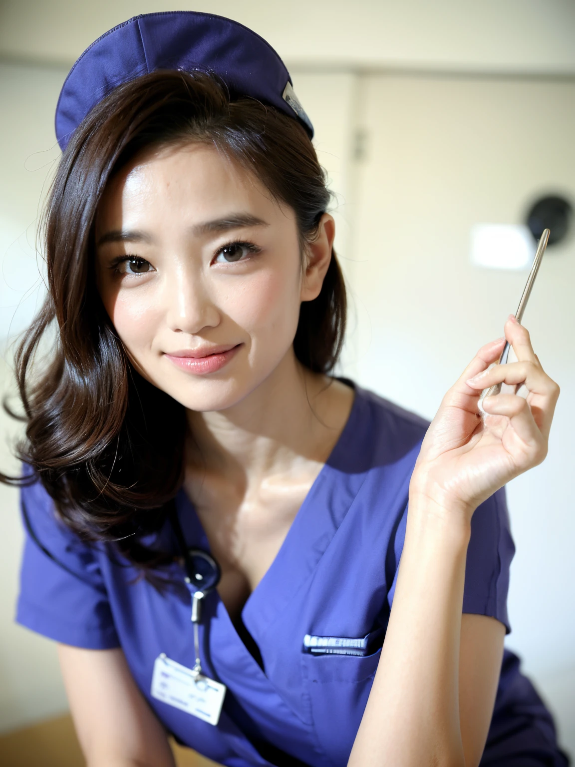 (top-quality、​masterpiece、Movie Lighting、)、phot of a beautiful Japanese women、Glossy reddish-brown shorthair、hair pin、disheveled hair、Floating hair、beauitful face、Slouched、crouching down、(Nurse、nurse's outfit、No nurse cap、Wrap the stethoscope around your neck、)Beautiful chest line、Hourglass body、A smile that captivates the viewer、Look into the cameraman and talk、bring the face of a hospitalized patient closer、shinny skin、Bold sexy pose beautiful fingers、