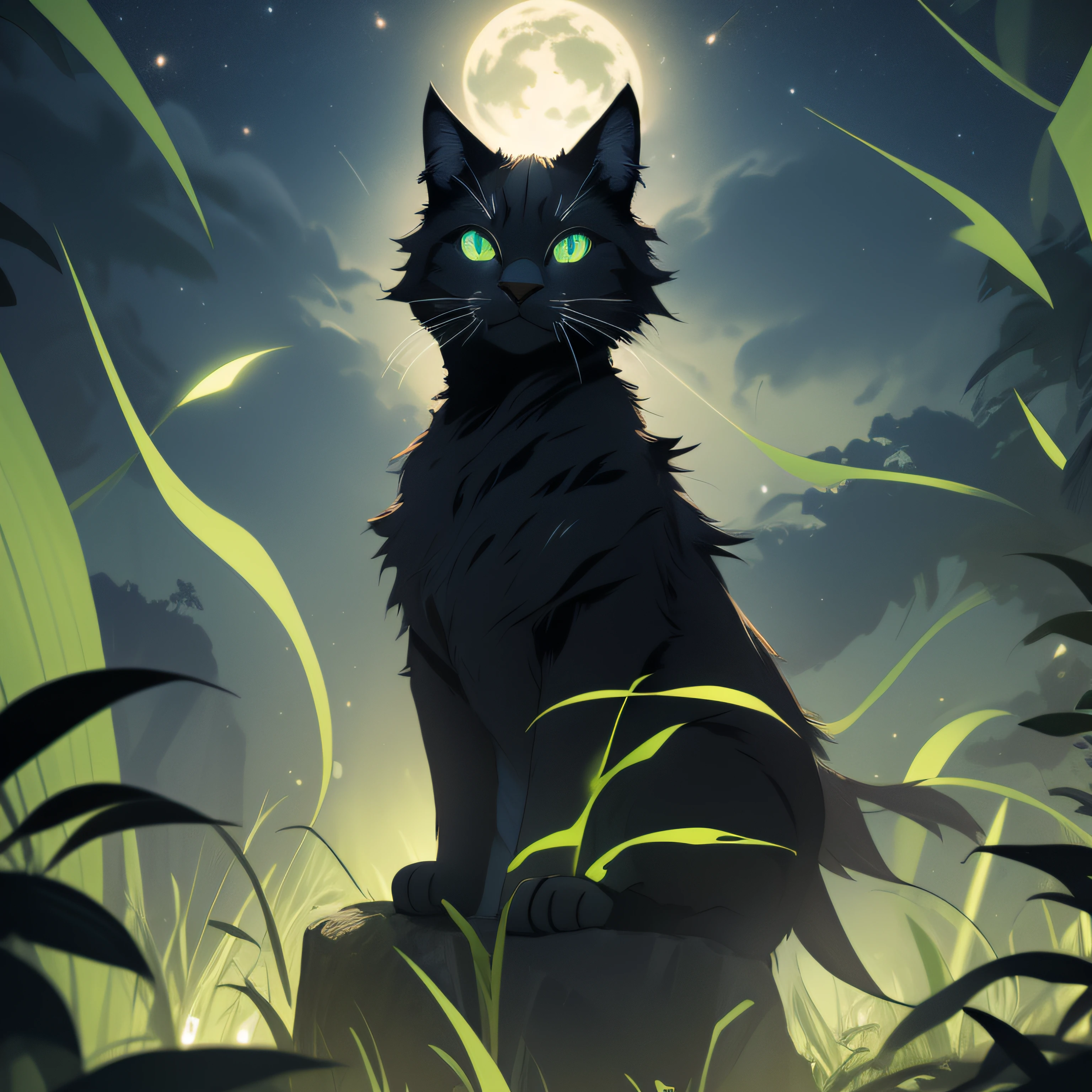 draw a cute fluffy dark dark green shining cat w huge and big and large and cute shining and glowing in a dark light lime green eyes at mid of scene, behind dark green tall grass at front with only one big huge bright light yellow moon in the center of whole scene as a background and with a bunch of yellow and green fireflies around the scene with darker background behind moon dark sky night time during night with fade to black effect arund the corners