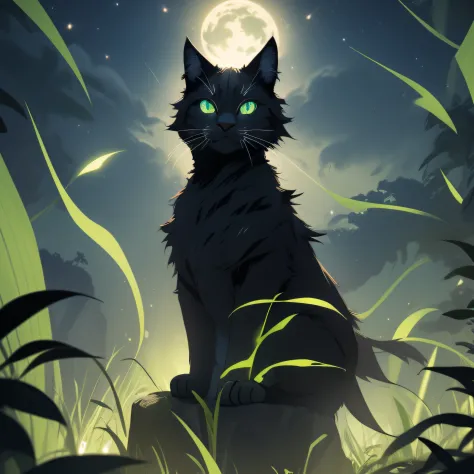 draw a cute fluffy dark dark green shining cat w huge and big and large and cute shining and glowing in a dark light lime green ...
