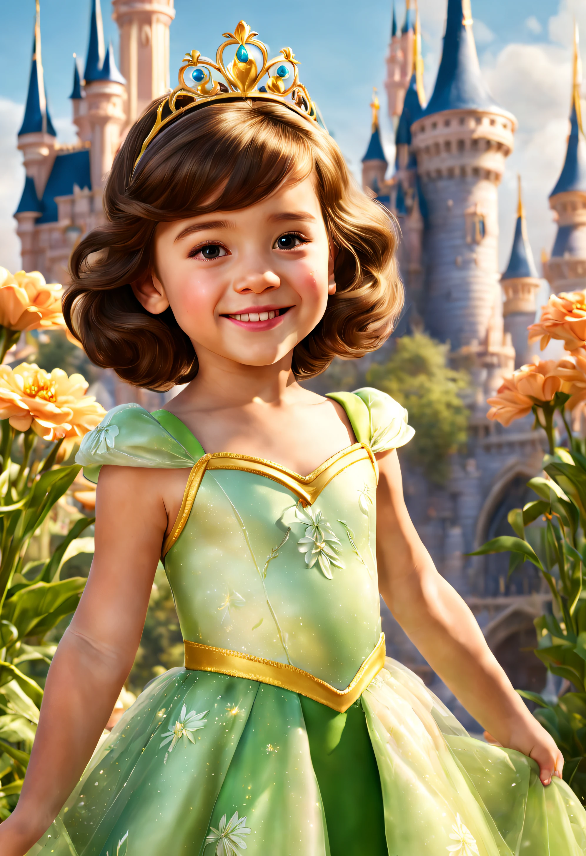 Best Quality, 8K, Realistic, photo, Little girl wearing Disney princess Tiana dress, very detailed dress, 4yr old, wavy short brown hair with straight bangs, best body shape, facing camera, Smile, Sunny day, Magic castle in the background, lots of flowers, Disney Prince Naveen Frog in Hands, magic atmosphere