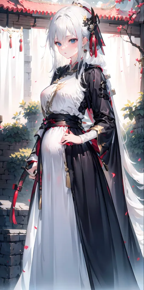 Golden hairpin, white ash hair, black shirt, white skirt, (black cloak:1.2), pale face, sweating, heavy breath, blushing, pregnancy  dresest quality:1.2), ultra-detailed,realistic ,portraits, vivid colors, soft lighting, interesting PoV, stocking, straight...