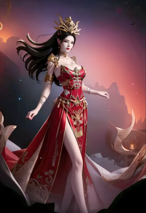 Excellent, masterpiece, black hair, red dress, looking up, upper body, hair, fair skin, emanation, red theme, skirt