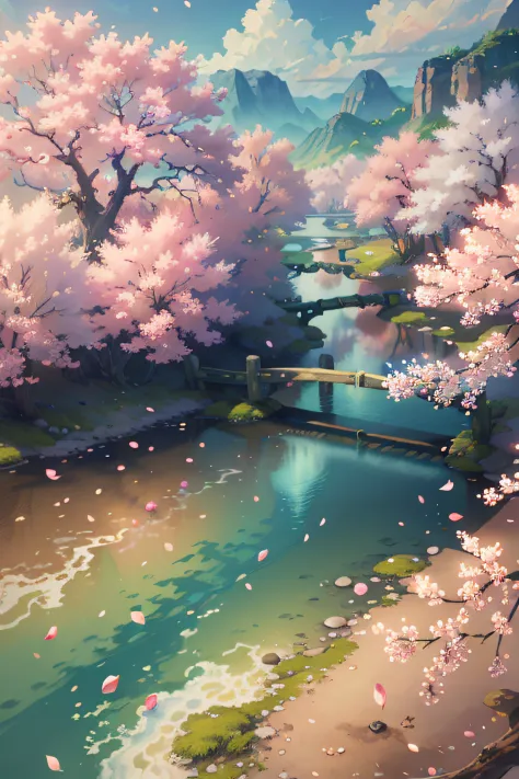 original,(illustration:1.1),(best quality),(masterpiece:1.1),(extremely detailed CG unity 8k wallpaper), (colorful:1.2), sakura tree, sakura petals,landscape,  river|road,