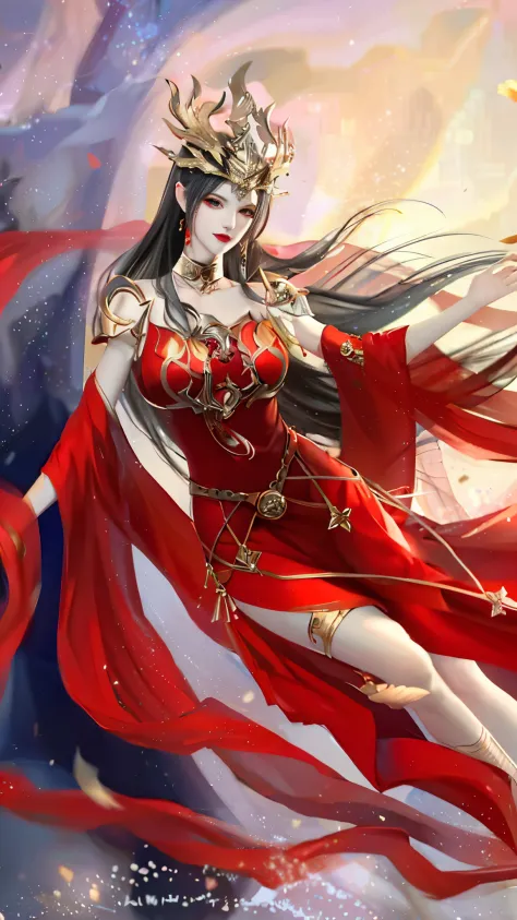 Excellent, masterpiece, black hair, red dress, looking up, upper body, hair, fair skin, emanation, red theme, skirt