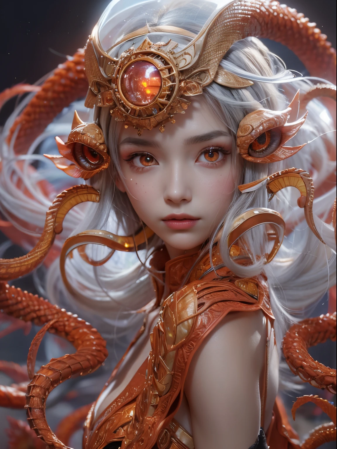 Female Alien, Beautiful face, seduces, red eyes, Full body like, A sexy, alien, No humans, an alien, cells are fused, Multiple hands, Lots of blue tentacle skin:1.5), extraterrestrial, cell, bio image, 魅惑的, Best Quality, 8K,,4K_quality, high_Definition,Dramatic Lighting, masutepiece:1.5,cinematic quality, detail up, Intricate details:1.2, 超A high resolution, High Definition, drawing faithfully, (Thick eyebrows:1.2), (Big scarlet eyes:1.6), Beautiful eyes with fine symmetry, (Ultra detailed eyes:1.2),(Highly detailed face and eyes:1.2), (High-resolution red-eye:1.4), Intimate face, (ultra detailed skin texture:1.4), Perfect Anatomy,  (Beautiful toned body:1.5),  (Moist skin:1.2), No makeup, (dark circles:1.1),