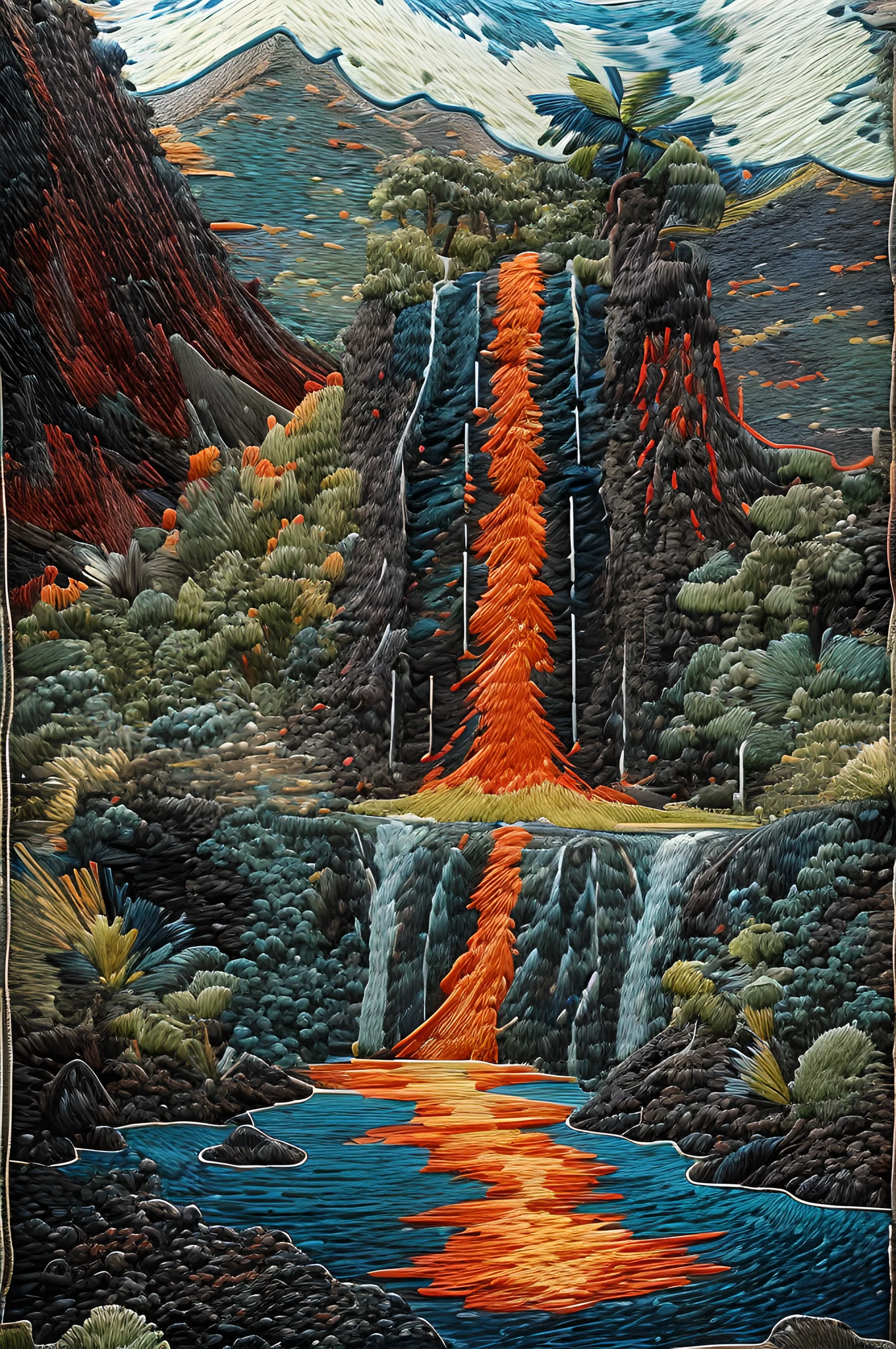 (embroidery artwork: 1.5), punch needle embroidery,  National Geographic style picture, Award winning,(best detailed: 1.5), an picture of an epic sized waterfall in the volcano at midday , an (epic sized waterfall: 1.3), water coming down from a volcanic cliff, multi level water falls, several pools created in different levels, forming new waterfalls, water cascading into a (large lava pool: 1.3) steam rising, clear water in many hues of blue and azure falling, hitting a pool of lava in colors of orange and red, boiling lava, you can see the water hitting the pool and (steam of fog rising from the pool: 1.2) , drops of water splashing around, volcanic tropical island with a volcano background, a long shot, photorealistic, 16k, RAW, award winning, (best detailed: 1.5), masterpiece, best quality, (best detailed: 1.3), full body, ultra wide