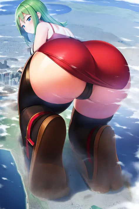 an anime woman kneeling down on a city with her ass sticking out, giant, giantess, 1girl, underwear, thighhighs, panties, ass, white panties, skirt