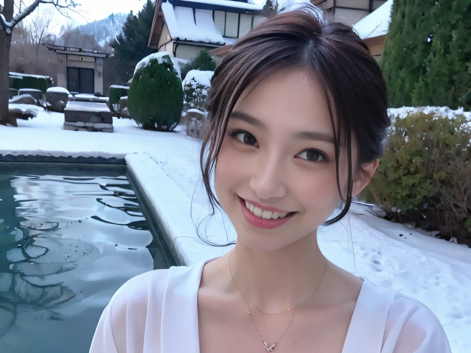 ((Girls wearing white yukata, see through:1.1, cleavage, Soak in the hot springs, Snow, Outside, extremely beautiful face, Japanese ido, Looking at Viewer:1.2, Detailed face:1.3 Cute face, Detailed eyes:1.2, cheek-to-cheek:1.1, Ashamed, embarrassed:1.3, laugh, Shy:1.1,  shiny skins, Wet, Focus on the face, hot steam, medium shot, Lonely eyes, upward-eyed, in group photograph)), tree in the background々, snow mountains,  ((masutepiece, 8K, Raw photo, High resolution, Delicate skin, Detailed face, ultra-detailliert, Cinematic, Photorealistic)),