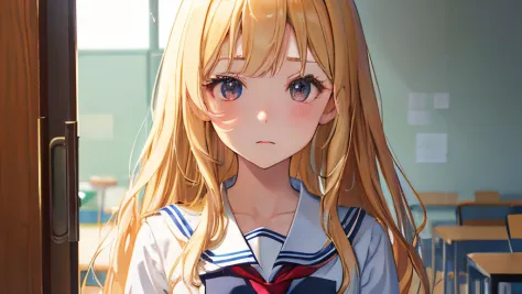 ‎Classroom,opening the classroom door、​masterpiece,Top image quality,hight resolution,Mabayashi Kitagawa,,Beautiful fece,blonde  hair,long hair down to the back,summer sailor uniform,red tie、girl with、black eyes、Tsurime girl,Anxious look、face close-up