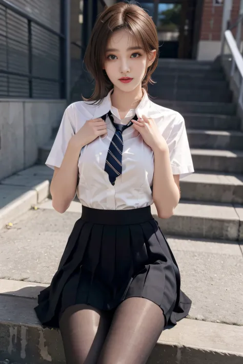 Korean School Uniform、Summer Uniform Shirts、Tight-fitting shirt、Ribbon Ties、skirt by the、Schools、stairs at school、Chest lifting pose、The focus is on the chest、Thin and large、8k RAW photo、hight resolution、18-year-old Korean、looking embarrassed、very large ro...