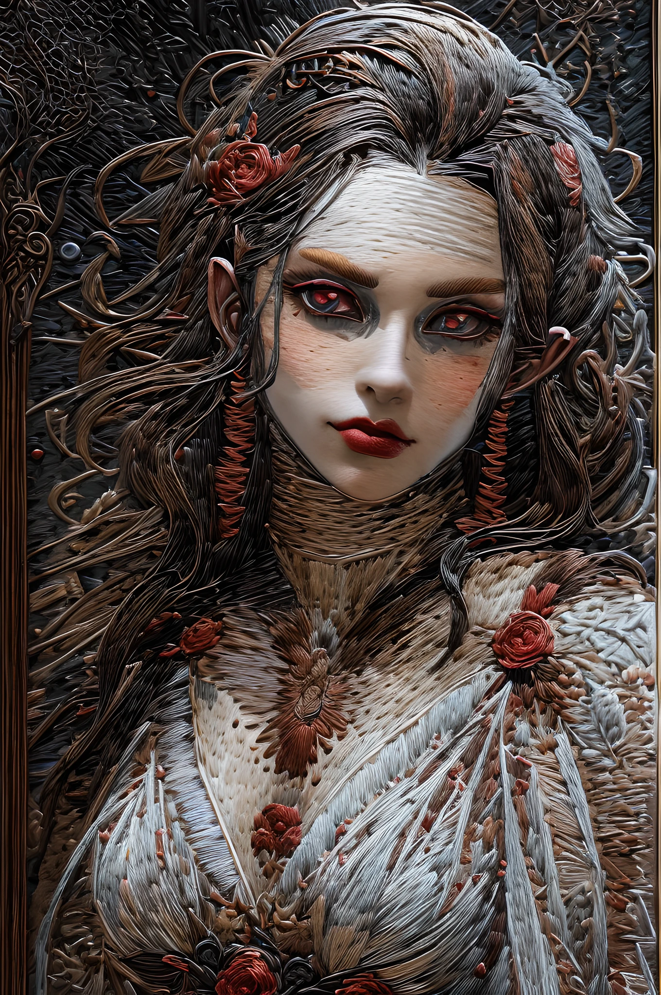 (embroidery artwork: 1.5), punch needle embroidery,  full body best details, highly detailed, best quality, highres, full body portrait of a vampire, elf (1.6, Masterpiece, best quality), ultra feminine (1.4 intricate details, Masterpiece, best quality) with a long curvy hair, dark color hair, red eyes (1.3 fantasy art, Masterpiece, best quality), ((beautiful delicate face)), Ultra Detailed Face (1.4 intricate details, fantasy art, Masterpiece, best quality), [visible sharp vampiric fangs] (1.6 intricate details, fantasy art, Masterpiece, best quality), [anatomically correct] red cloak, flowing cloak (1.4 intricate details, fantasy art, Masterpiece, best quality), wearing an intricate leather [white] dress (1.4 intricate details, gothic art, Masterpiece, best quality), high heeled boots, blood dripping on lipackground (intense details, beat detailantasy, at night light, natural ,moon light, soft moon light, moon rays, clouds, gothic atmosphere, gothic street background, bats flying in background, soft light, dynamic light, [[anatomically correct]], high details, best quality, 8k, [ultra detailed], masterpiece, best quality, (extremely detailed), dynamic angle, ultra wide shot, RAW, photorealistic